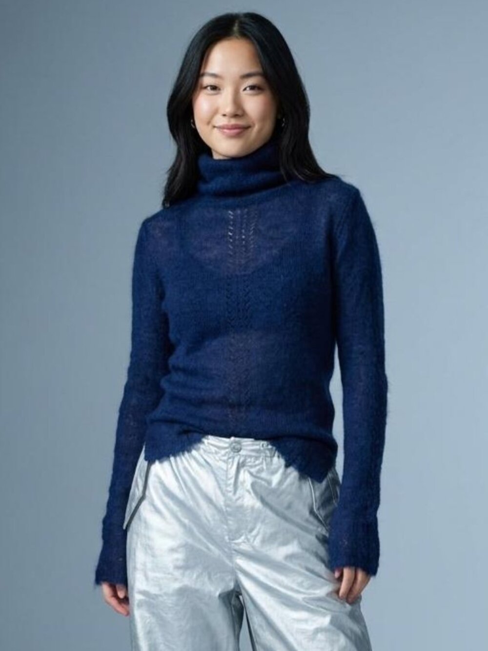 ZARA Knit Navy Blue Mohair Pointelle Knit Turtleneck